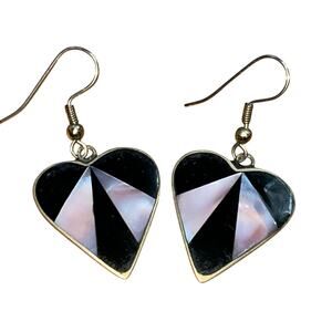 Vintage Alpaca Mexico inlay heart earrings onyx and mother-of-pearl